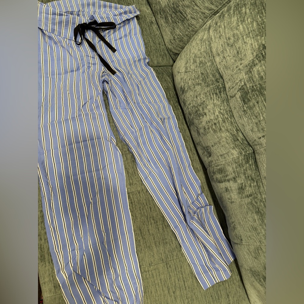 Zara Blue and White Striped Pants with Black Accent
